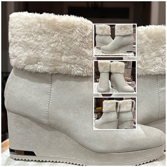 🪧 DKNY Women’s Nadra Faux Fur Wedge Booties in Vanilla Faux Suede, Size 9.5 - Picture 5 of 16